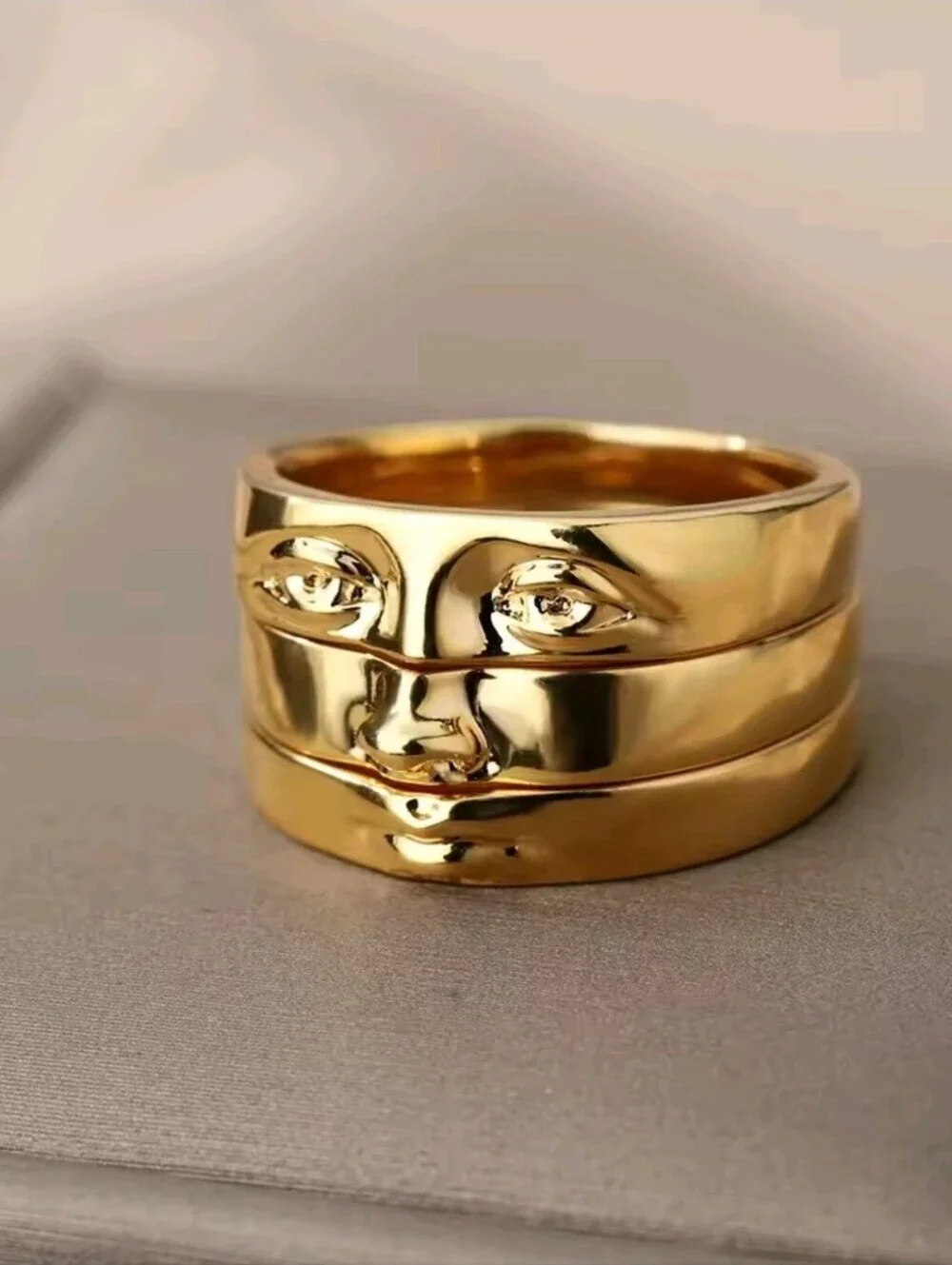 Gold Face Stackable Unisex Ring - Sculpted Face Design